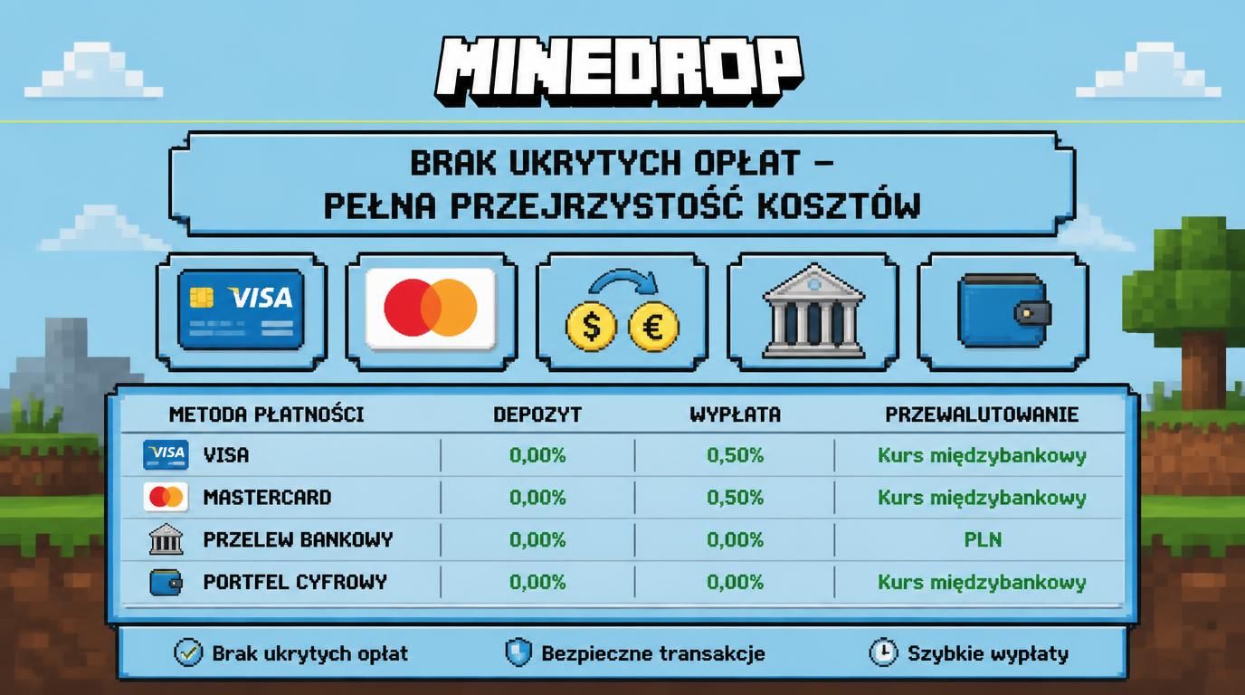 Interfejs kasyna z tabelą opłat i symbolami kart oraz przewalutowania.