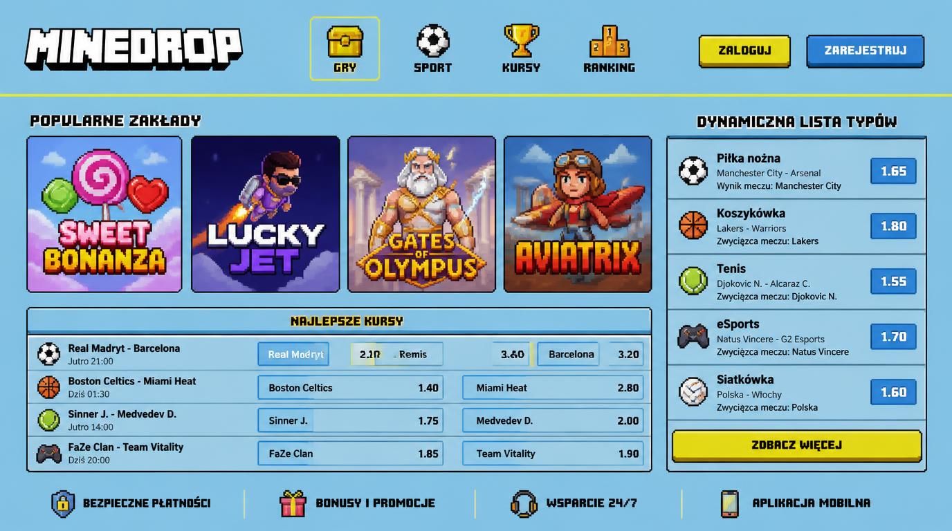 Interfejs prezentujący popularne gry i zakłady kasynowe w Mine Drop Casino.