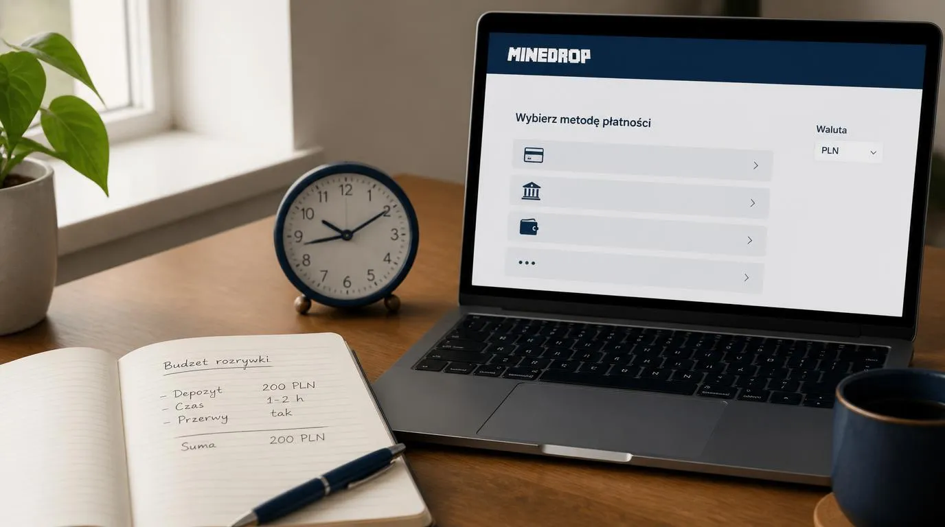 Notes z budżetem na rozrywkę, zegar i laptop z neutralnym ekranem płatności w PLN