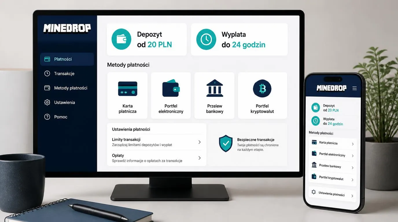 Panel płatności z depozytem 20 PLN, czasem wypłaty do 24 godzin i ikonami dostępnych metod
