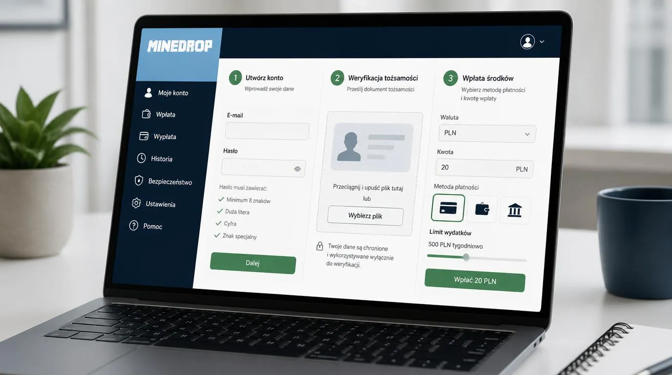 Panel rejestracji konta, przesyłania dokumentów KYC i pierwszej wpłaty w PLN