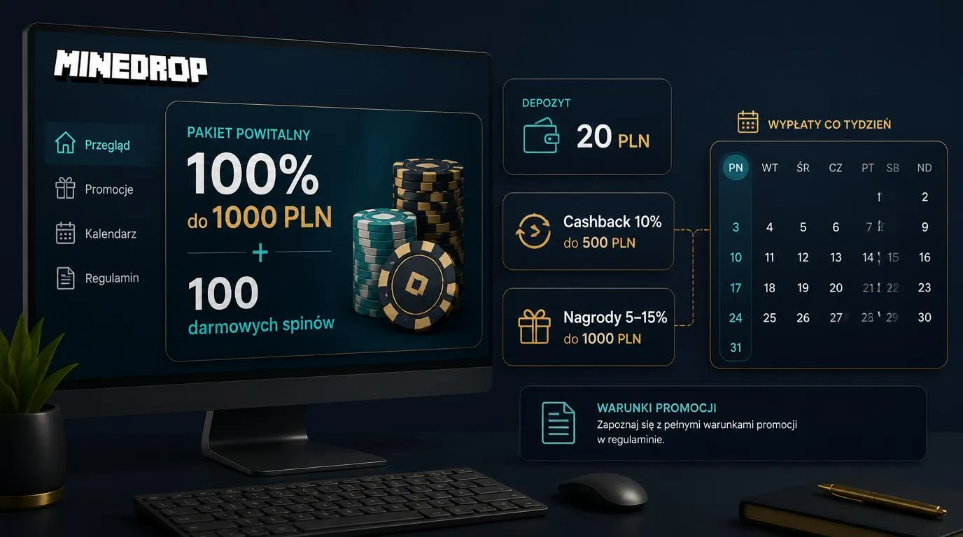Panel bonusu 100% do 1000 PLN i 100 darmowych spinów z minimalnym depozytem 20 PLN oraz kalendarzem nagród